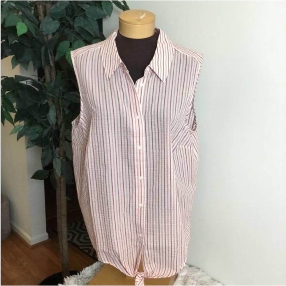 POPSUGAR Red White Striped Sleeveless Tie Front Button Down Top 1X NWT